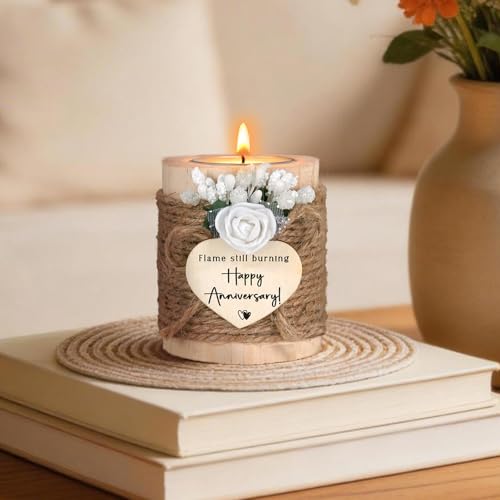 Anniversary Candle Holder Gift Set - Romantic Wooden Tealight Holder with 4 Tealight Candles & Coaster, Rustic Home Decor ...
