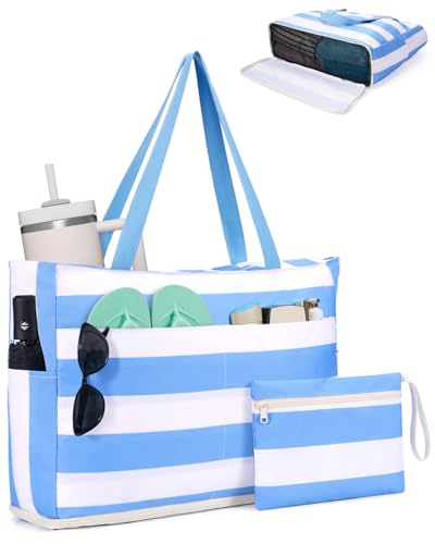 WANDF Beach Bags for Women, Large Waterproof Sandproof Beach Tote Bag with Zipper Family Pool Bags with 40oz Tumbler Pocke...