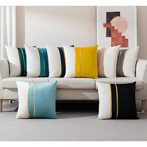 ZLINA Set of 2 Velvet Decorative Throw Pillow Covers Black White Patchwork with Gold Leather Pillow Covers 18 × 18 Inch Cu...