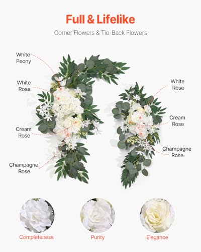 VEVOR Artificial Wedding Arch Flowers Kit, White Wedding Arch Flowers with Drapes Kit (Pack of 3) - 2 Pcs Floral Arrangeme...