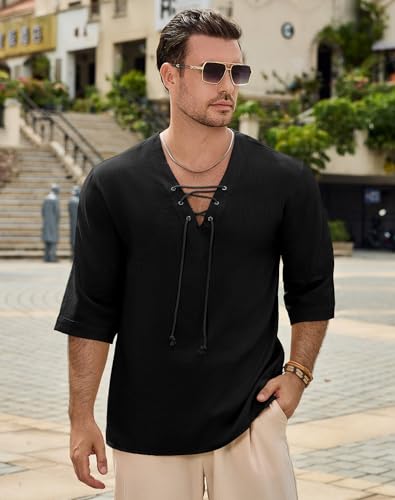 Men's Fashion Shirt Short Sleeve Beach V-Neck Drawstring Printing Yoga African Summer Top