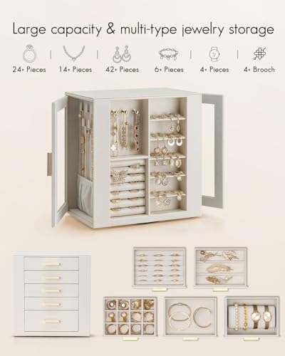 VLANDO 360ｰ Rotating Jewelry Box with 5 Drawers, Mothers Day Mom Gifts, Large Jewelry Storage with 2 Glass Window, PU Leat...