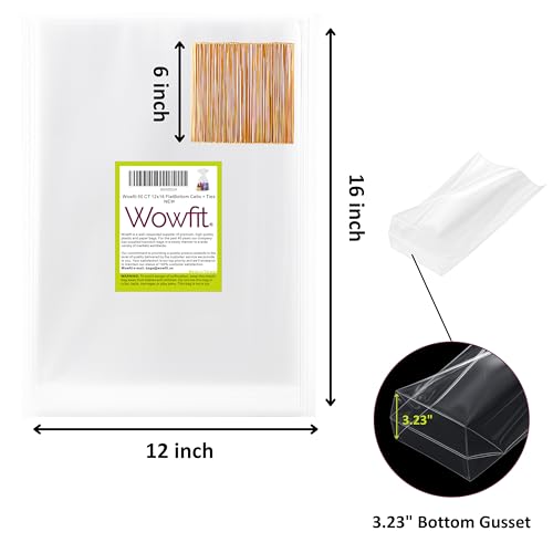 Wowfit 50 CT 12x16 inches Large Clear Bottom Gusset Cellophane Gift Bags with 6" Gold Twist Ties, Cello Packaging for Baby...