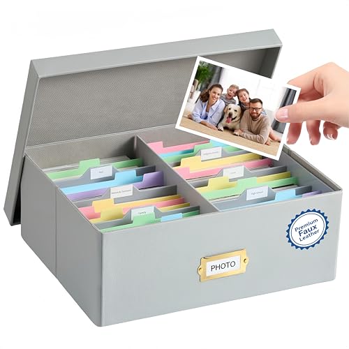 Photo Storage Box with Lid – Premium Faux Leather Organizer with Plastic Dividers, Holds Up to 1800 4x6 Photos, Memory Kee...