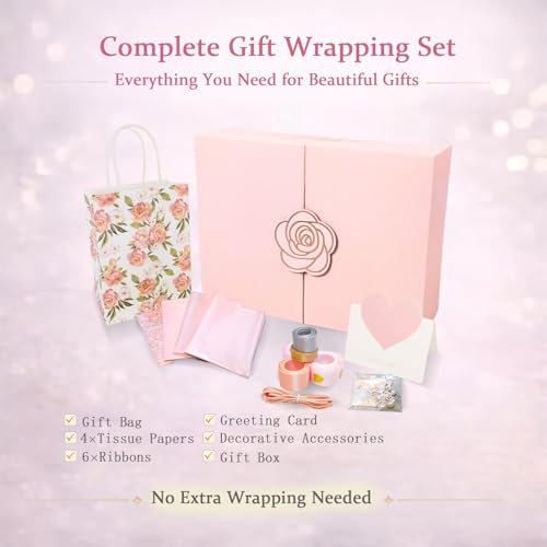 Elegant Small Pink Gift Box for Women with Lid & Accessories - Reusable Magnetic Closure Gift Presentation Set, Romantic a...