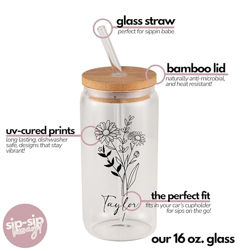 Personalized Birth Flower 16oz Glass Can Cup, Custom Name Bridesmaid Bridal Party Gift, Floral Iced Coffee Glass with Lid ...
