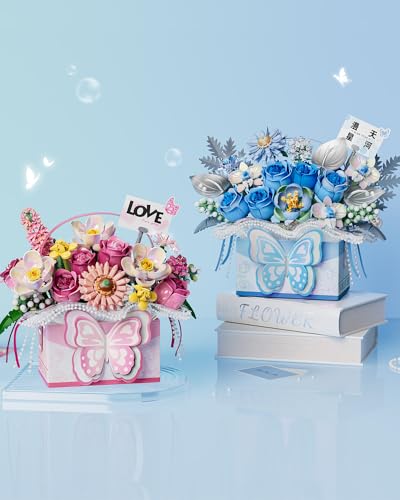 LUOGFYNI Mini Portable Block Flower Set, Pink Rose Creative Eternal Flower Gifts Box with Romantic Light, Home Decor or Bi...