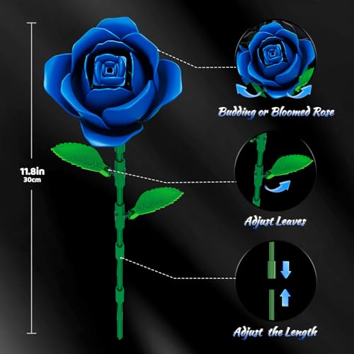 Sitodier 2 in 1 Flower Bouquet Building Set, 5pcs Black and 5pcs Blue Roses for Women Gilrs, Valentine's Day Gift for Love...