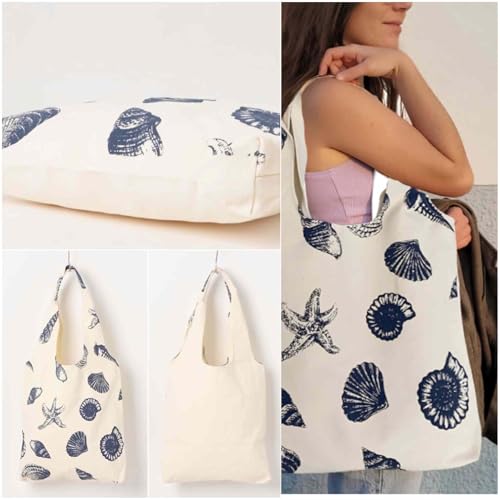 Beach Inspired Canvas Tote Bag For Women, Nautical Seashell And Starfish Print, Casual Shoulder Bag Aesthetic, Cute Small ...