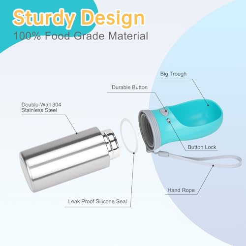 Portable Dog Water Bottle, 14 OZ, Stainless Steel Leak Proof Puppy Water Dispenser with Drinking Feeder for Pets Travel, W...
