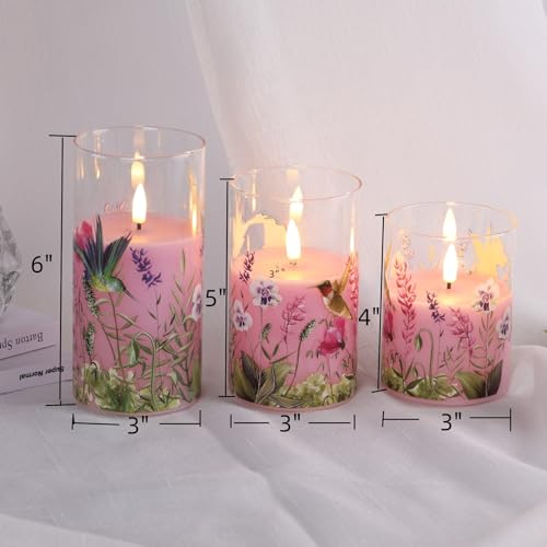 Eywamage Pink Hummingbird Floral Glass Flameless Candles with Remote, Flickering Battery LED Pillar Candles Set of 3, Spri...
