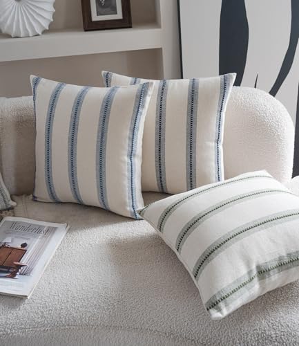 Cethom Boho Throw Pillow Covers 18x18 Set of 2, Beige and Blue Striped Decorative Pillow Cases for Couch Chair Bed, Textur...