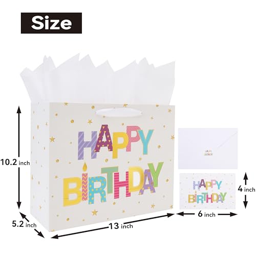 Qirrmiy 13'' Large Happy Birthday Gift Bag Set with Handles, Greeting Card, White Tissue Papers and Stickers for Women Gir...