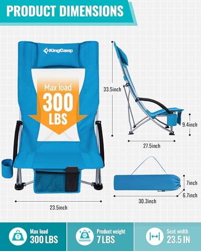 KingCamp Low Beach Chair, High Back Folding Camping Chair for Adults, Oversized Breathable Mesh Seat, 300lbs Heavy Duty Po...