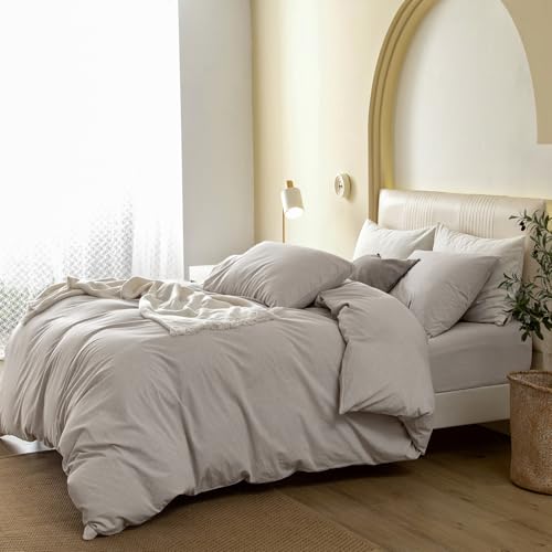 JIYUAN Queen Size Duvet Cover Set, 3-Piece - 100% Washed Cotton, Linen-Like Soft & Breathable with Zipper Closure, Include...