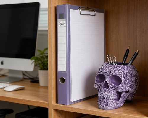 BOIHEGU Skull Bowl Decorative Skull Vase Makeup Brush Pen Holder Organizer Dresser Gothic Table Organizer Decoration, Purp...