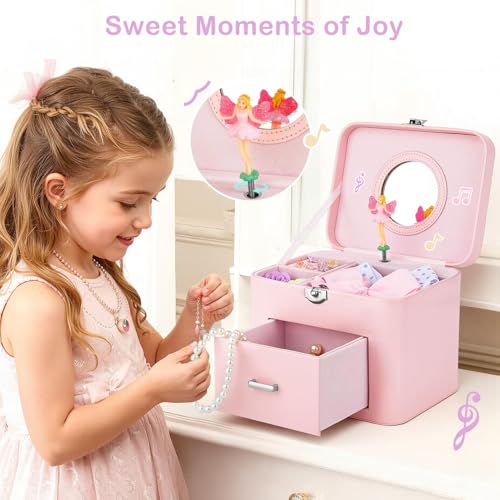 Basumee Musical Jewelry Box for Girls PU Leather Music Box with Drawer Large Kids Jewelry Organizer with Unicorn/Ballerina...