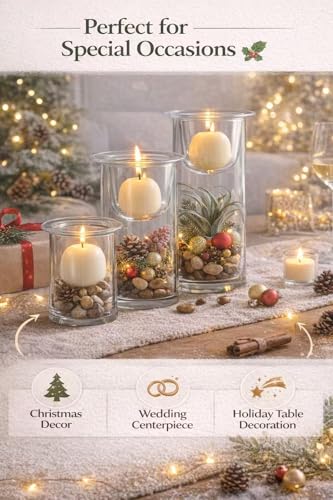 KMwares Glass Cylinder Candle Holders Set of 3 with Artificial Succulent and Decorative Stones, Hurricane Candle Holder Ce...