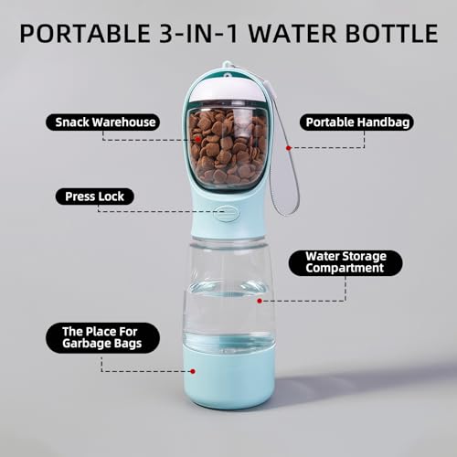 Dbbsfst 3-in-1 Dog Water Bottle Portable Leak Proof Pet Water Dispenser with Built-in Snack Storage & Waste Bag Holder 14o...
