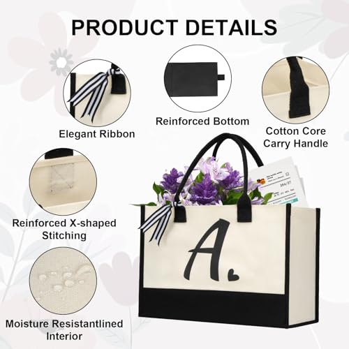 shenee Initial Canvas Tote Bag, Personalized Beach Jute Bag Present for Women Holiday,Friends Birthday Gift,Wedding, New Year