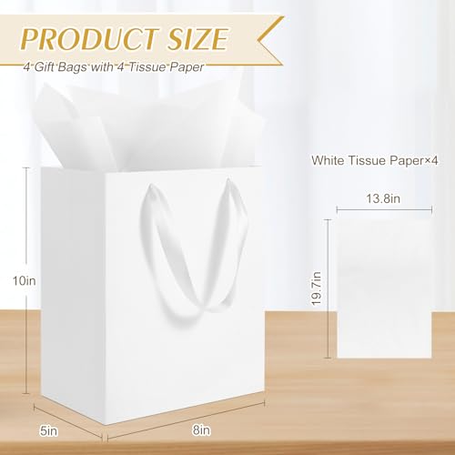 Ethhqu 4 Pack Medium White Gift Bags with Handles, 8x5x10 Inches - Includes 4 Tissue Papers for Birthday Party, Baby Showe...