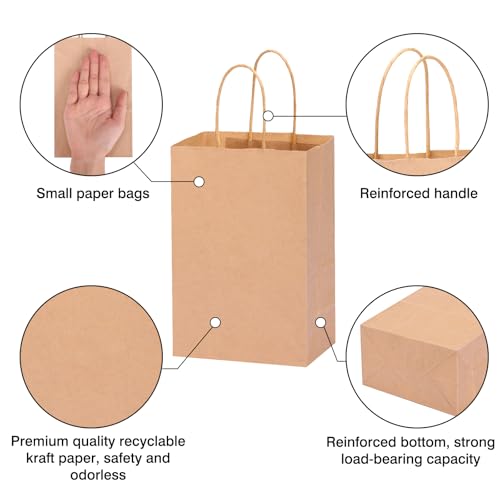 OUTUXED 60pcs 5.25x3.2x8in Small Gift Bags, Brown Paper Bags with Handles Bulk for Gift, Shopping, Birthday, Wedding, Busi...