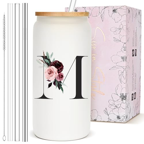 Birthday Gifts for Women, Personalized Customized Cute Glass Cups with Lids and Straws, Initial Drinking Iced Coffee Cup, ...
