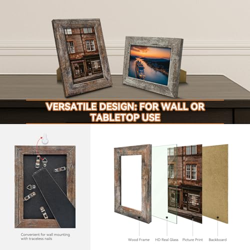 Bagous 4x6 Picture Frames Set of 8, Vintage Rustic Farmhouse Industrial Style Photo Frames, High Definition Real Glass, fo...