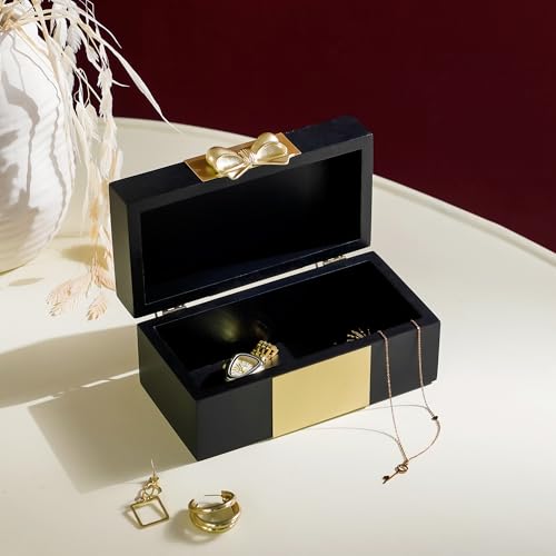 Synovana Wooden Keepsake Box - Black & Gold Boxes with Bow Accent, Decorative Storage Gift Box for Jewelry Love Letters Ph...