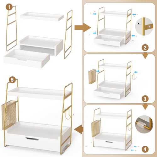 ROPALINS 2-Tier Bathroom Counter Organizer with Drawer & Removable Basket, Wood & Metal Vanity Organizer for Skincare, Mak...