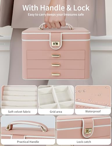 KAMIER Jewelry Organizer Box for Women - 4 Layer Drawer Jewellery Storage with Lock and Mirror - Jewelry Case for Necklace...