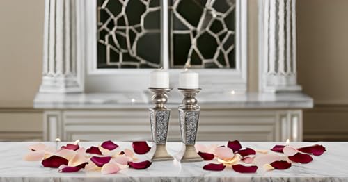 Creative Scents Schonwerk Silver Pillar Candle Holder Set of 2 - Crackled Mosaic Design - Centerpiece Table Decoration - C...
