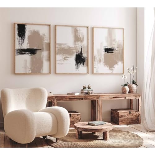Joocrise Beige Abstract Wall Art Painting Set of 3 Neutral Canvas Wall Art Prints Black Beige Modern Wall Decor Minimalist...