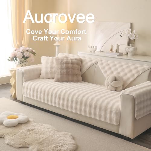 Aucrovee Soft Plush Faux Fur Couch Cover, Thick Warm Fuzzy Sectional Sofa Covers for 3 Cushion Couch Sofa L Sharped Sofa N...