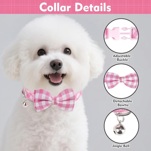 EXPAWLORER Cute Dog Harness Collar Leash Set - Pink Girl Dog Harness Checkered Step-in Design, Detachable Bow Pet Collar, ...