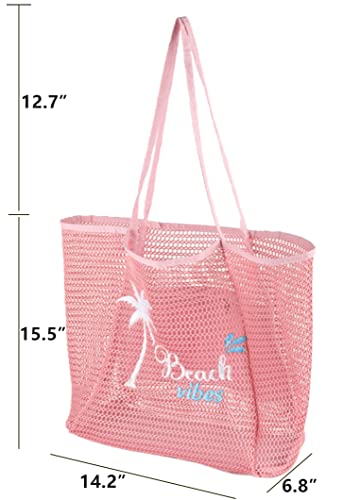 ukia Mesh Beach Tote, Large Capacity Beach Bags for Women Foldable Beach Tote Bag with Zipper Pocket