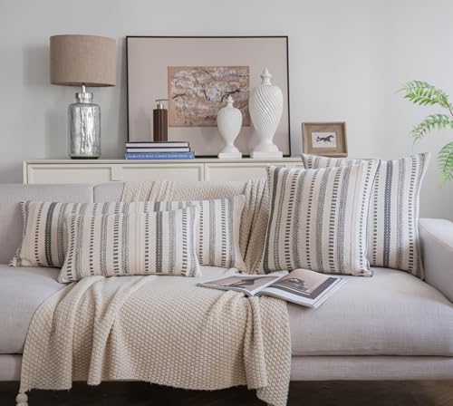 Cethom Grey Boho Lumbar Pillow Covers 14x36 Long, Stripe Textured Decorative Couch Pillow Cases for Bed, Sofa, Living Roo...