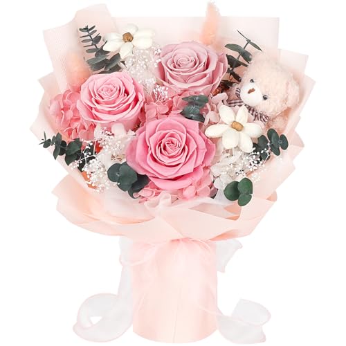 Preserved Flowers Bouquet with Bear, 3 Real Forever Flowers for Delivery, Long-Lasting Pink Eteranl Roses Bouquet, Mothers...