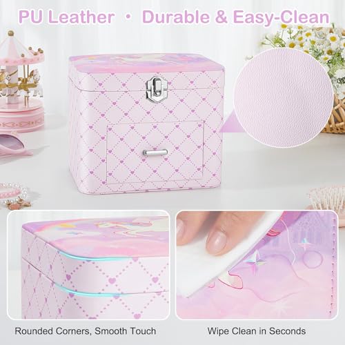 Basumee Musical Jewelry Box for Girls PU Leather Music Box with Drawer Large Kids Jewelry Organizer with Unicorn/Ballerina...