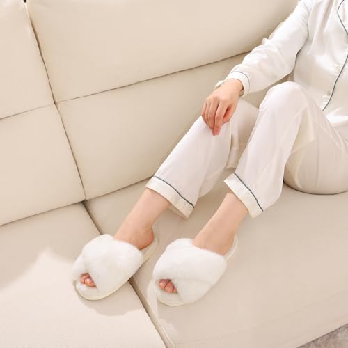 Evshine Women's Fuzzy Slippers Cross Band Memory Foam House Slippers Open Toe