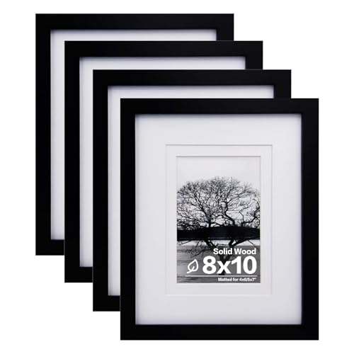 Egofine 8x10 Picture Frames Set of 4, Made of Solid Wood Covered by Plexiglass 4x6 and 5x7 with Mat or 8x10 without Mat, f...