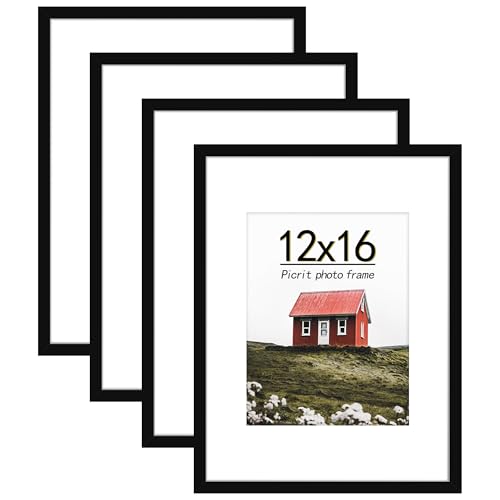 Picrit 12x16 Picture Frame Set of 4, Made of High Definition Real Glass, Display 8.5x11 with Mat or 12x16 without Mat, Pho...