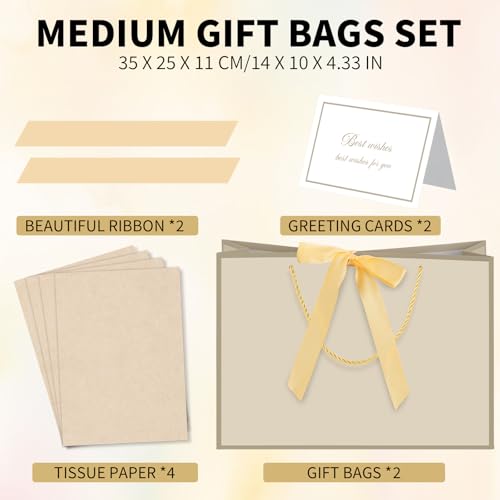 woric 2 Pcs Gift Bags with Handles, 14" Medium Gift Bag with 4 Tissue Paper & 2 Cards Gold Bag for Bridal Shower Wedding M...
