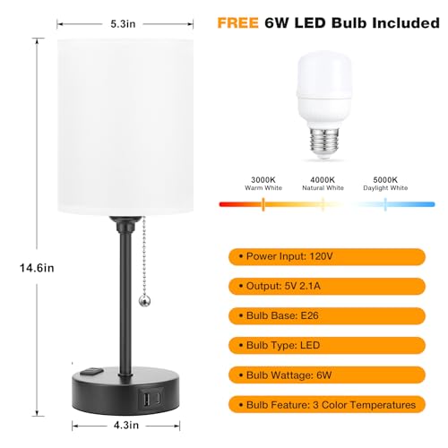 Small Bedside Table lamp for Bedroom - 3 Color Temperatures Bedside Lamps with USB C and A Ports, Pull Chain Table Lamps w...