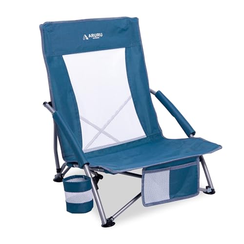 ARURU Low Folding Beach Chairs for Adults, Portable Lightweight Sling Beach Camping Chair with Cup Holder,Armrest,Foldable...