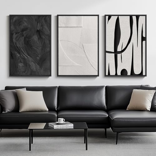 Large Framed Black and White Abstract Wall Art for Living Room, 3 Piece Big Modern Canvas Prints Paintings Artwork for Wal...