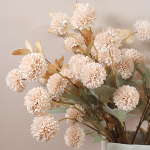 Artificial Flowers for Vase - Beige Silk Mums 10 Long Stems with Eucalyptus, Faux Flowers Home Decor, Neutral Tan Cream Fl...