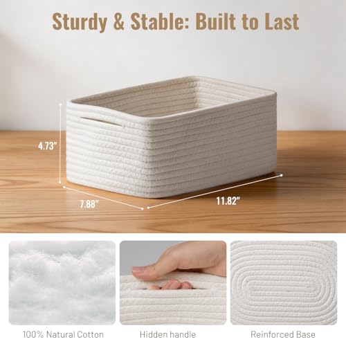 5 Pack White Small Woven Storage Baskets for Shelves, Cotton Rope Baskets Organizer for Bathroom, Closet & Nursery, Decora...