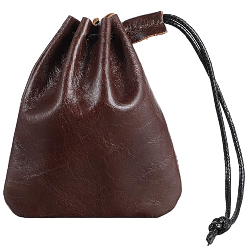 TIESOME 1 Pcs Leather Pouches, Drawstring Cowhide Bag, Small Waterproof Vintage Leather Pouch for Earphone Jewelry(Light B...