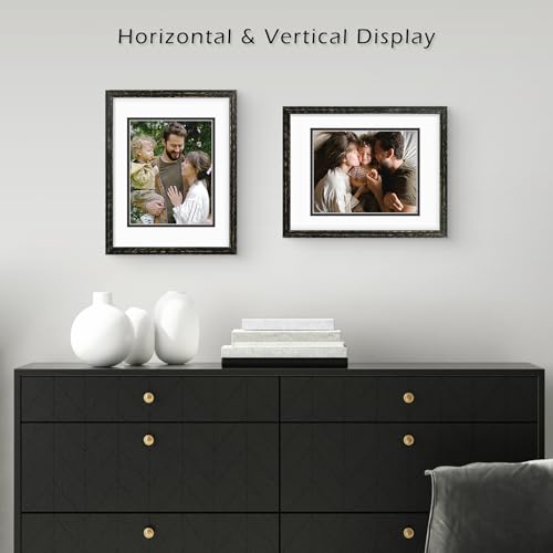 Golden State Art, 11x14 Distressed Black Wood Frame with White over Black Double Mat - Displays 8x10 Photos - Real Glass, ...